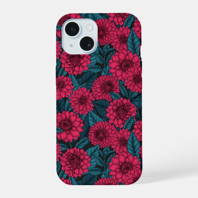 Red Dahlia garden/blue leaves iPhone 15 Case (Back)