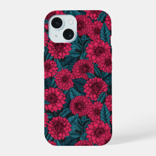 Red Dahlia garden/blue leaves iPhone 15 Case