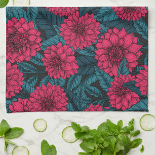Red Dahlia garden/blue leaves Kitchen Towel