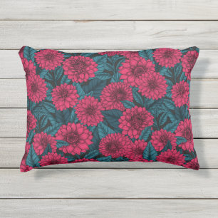 Red Dahlia garden/blue leaves Outdoor Pillow