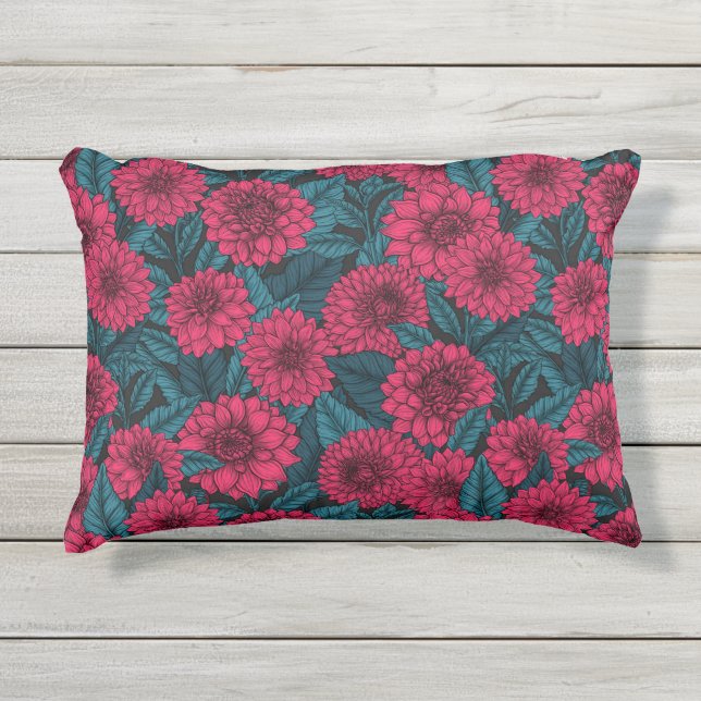 Red Dahlia garden/blue leaves Outdoor Pillow (Front)