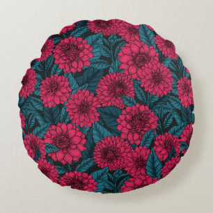 Red Dahlia garden/blue leaves Round Pillow