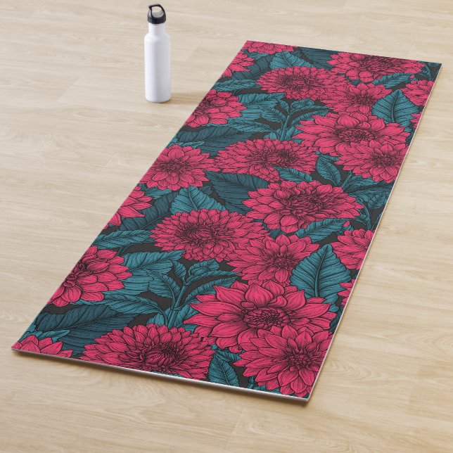 Red Dahlia garden/blue leaves Yoga Mat (In Situ)