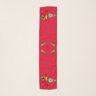 Red Dahlia Monarch Butterfly Long  Chiffon Scarf