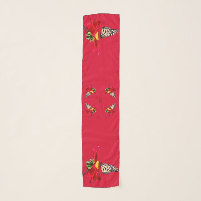 Red Dahlia Monarch Butterfly Long  Chiffon Scarf (Front)