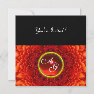 RED DAHLIA, RUBY monogram ,bright black Invitation