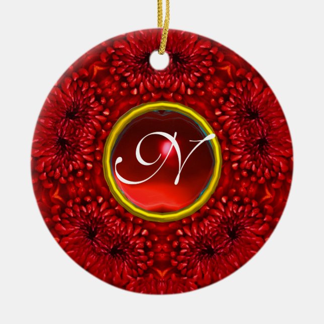 RED DAHLIA  RUBY MONOGRAM CERAMIC ORNAMENT (Front)