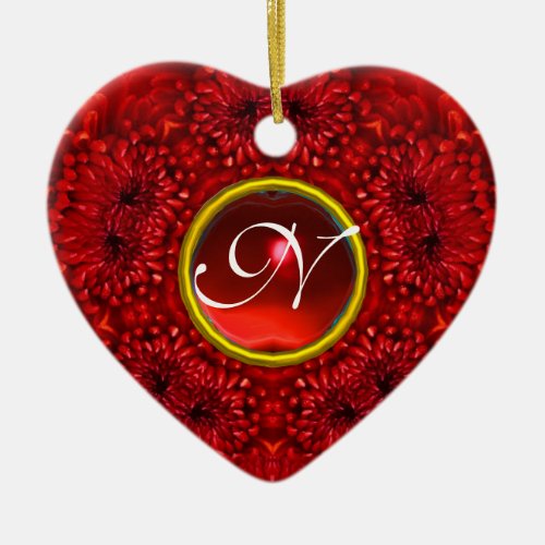 RED DAHLIA  RUBY MONOGRAM Heart Ceramic Ornament