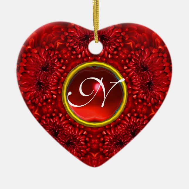 RED DAHLIA  RUBY MONOGRAM Heart Ceramic Ornament (Front)