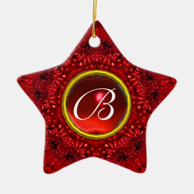 RED DAHLIA  RUBY MONOGRAM Star Ceramic Ornament (Front)
