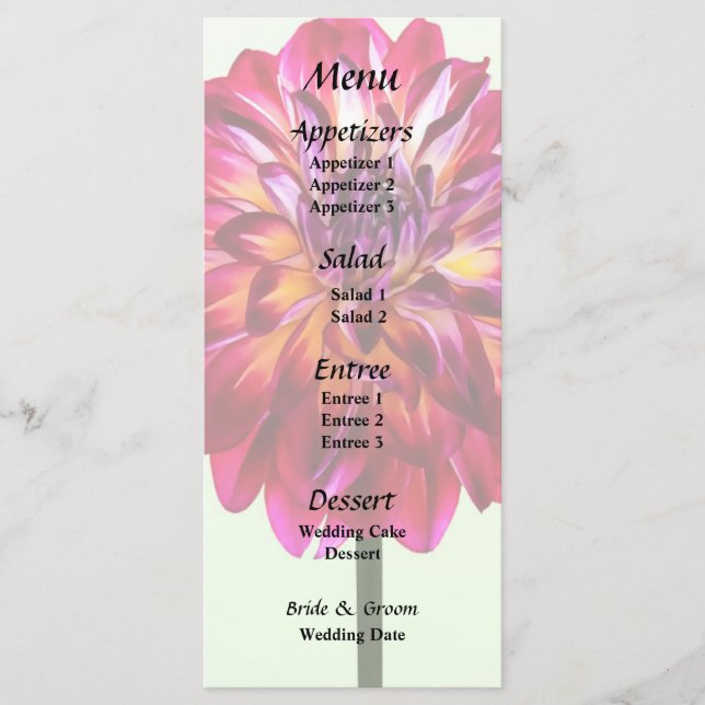 Red Dahlia Tinted With Yellow Wedding Menu (Front)