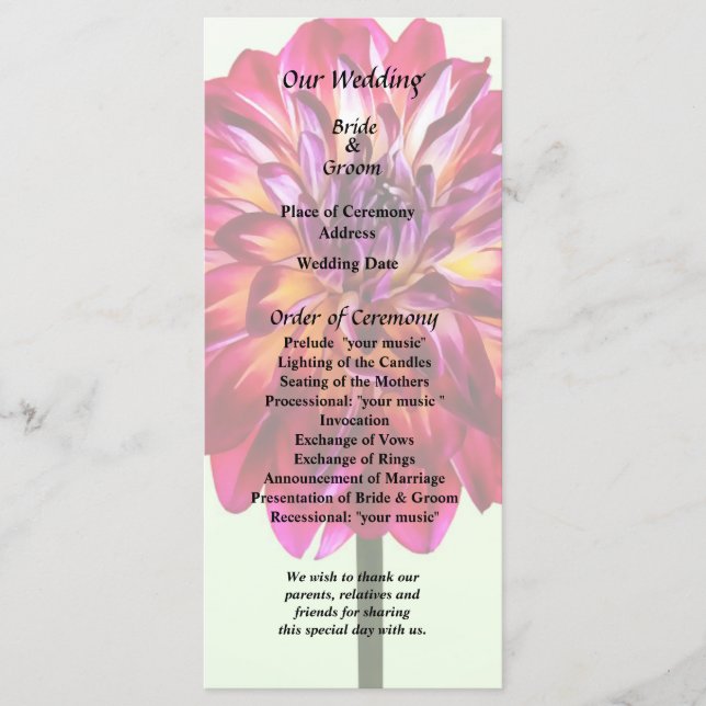 Red Dahlia Tinted With Yellow Wedding Program (Front)