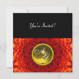 RED DAHLIA, TOPAZ monogram ,bright  black yellow Invitation