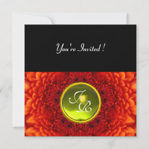 RED DAHLIA, TOPAZ monogram ,bright  black yellow Invitation