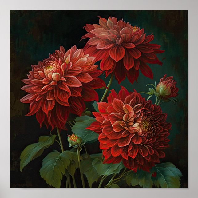 Red Dahlias Flower Art Print Poster (Front)
