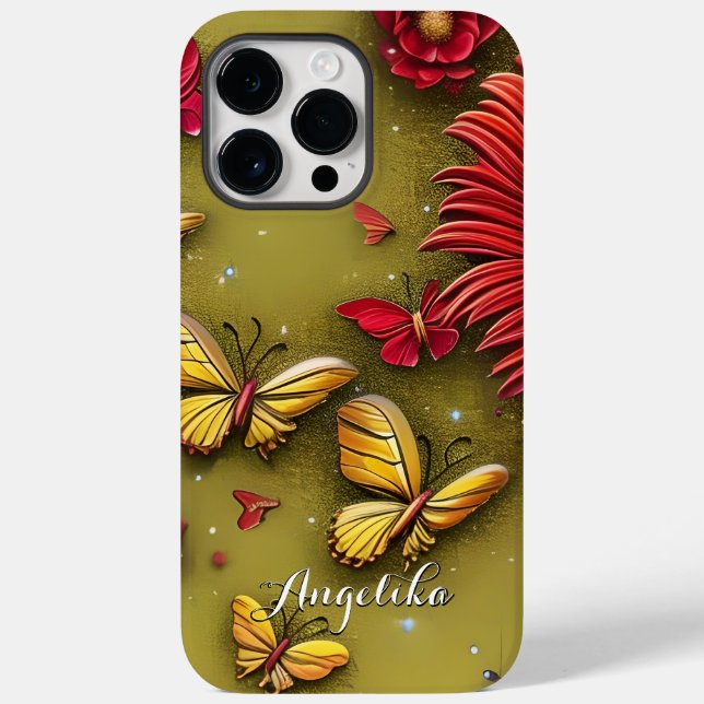 Red Daisies Gold Butterflies Personalized Name Case-Mate iPhone Case (Back)
