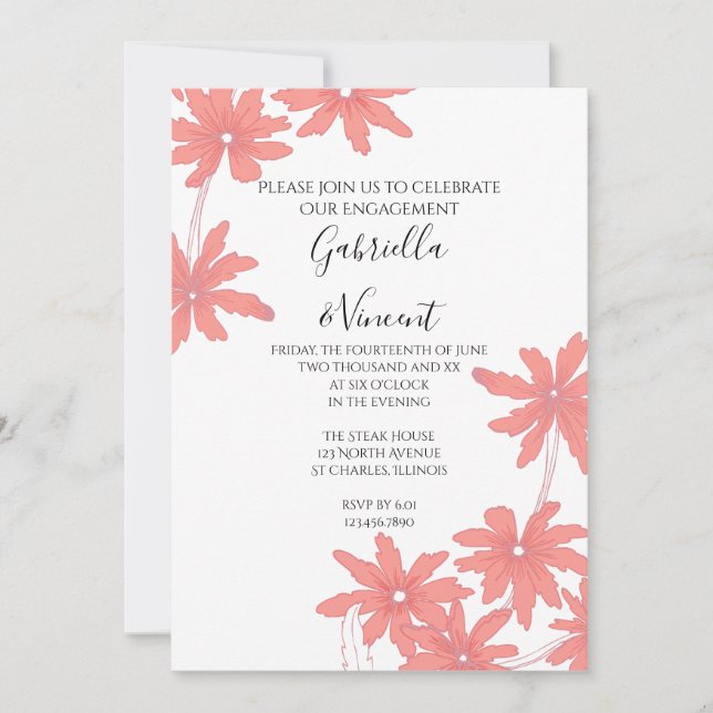 Red Daisies on White Engagement Party Invitation (Front)