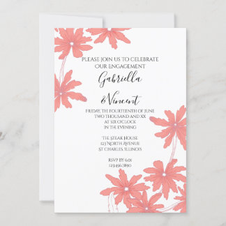 Red Daisies on White Engagement Party Invitation