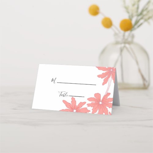 Red Daisies on White Floral Wedding Place Card
