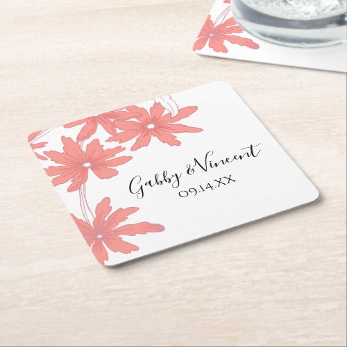 Red Daisies on White Wedding Square Paper Coaster