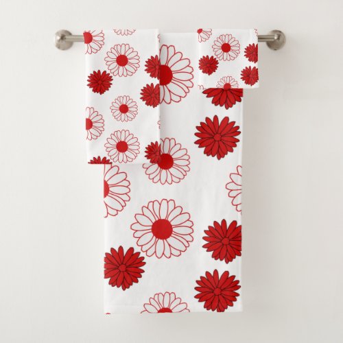 Red Daisies Pattern in White Bath Towel Set