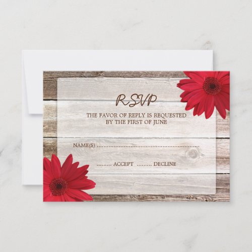 Red Daisy Barn Wood Wedding RSVP Response Card