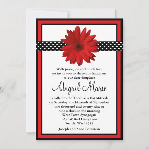 Red Daisy Black Polka Dots Bat Mitzvah Custom Invite
