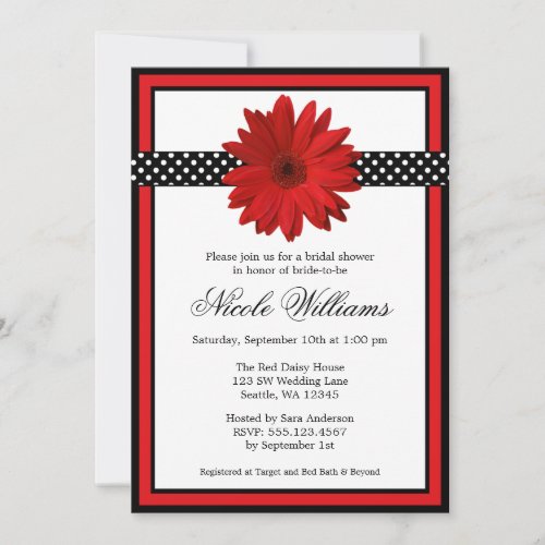 Red Daisy Black Polka Dots Bridal Shower Invitation