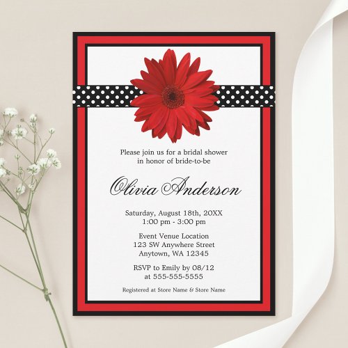 Red Daisy Black Polka Dots Bridal Shower Invite