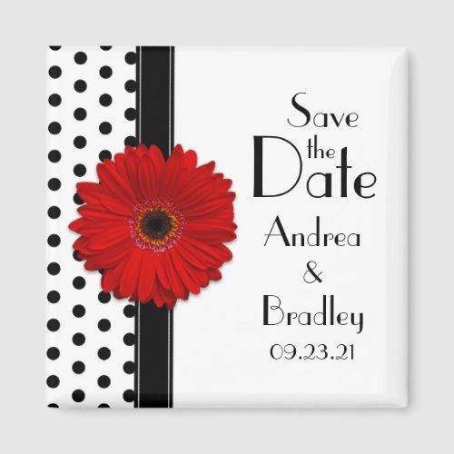 Red Daisy Black White Polka Dot Save the Date Magnet