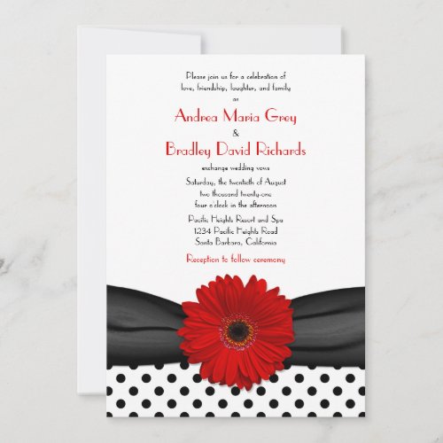 Red Daisy Black White Polka Dot Wedding Invitation