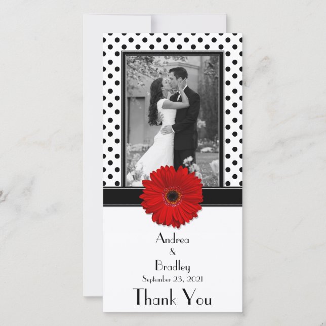 Red Daisy Black White Polka Dot Wedding Photocard Thank You Card (Front)