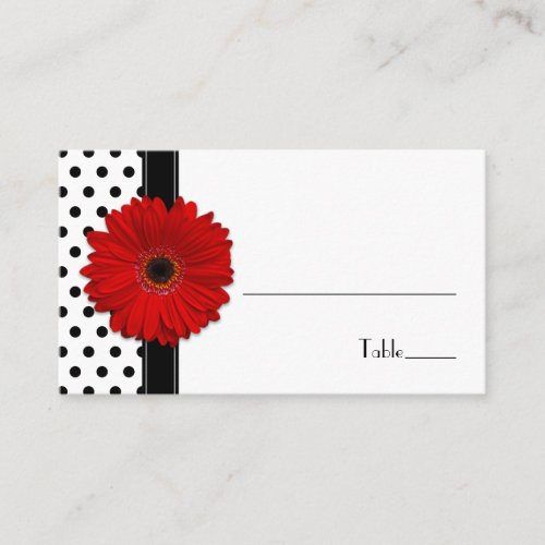 Red Daisy Black White Polka Dot Wedding Place Card