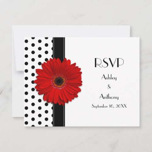 Red Daisy Black White Polka Dot Wedding RSVP