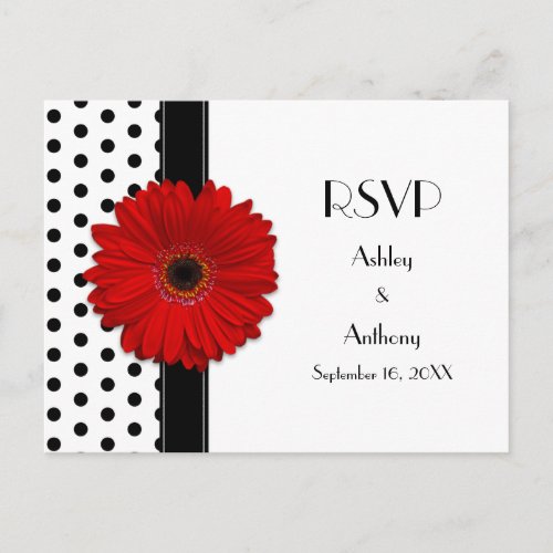 Red Daisy Black White Polka Dot Wedding RSVP Invitation Postcard