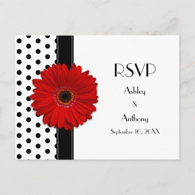 Red Daisy Black White Polka Dot Wedding RSVP Invitation Postcard (Front)