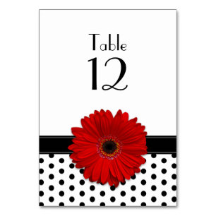 Red Daisy Black White Polka Dot Wedding Table Number