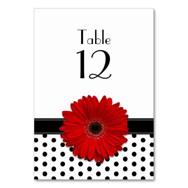 Red Daisy Black White Polka Dot Wedding  Table Number (Front)