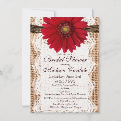 Red Daisy Burlap Bridal Shower Invitations