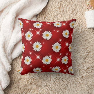 Red Daisy Floral Sparkle Throw Pillow