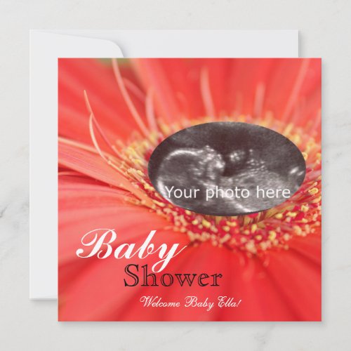 Red Daisy Flower Child Sonogram Baby Shower Invite