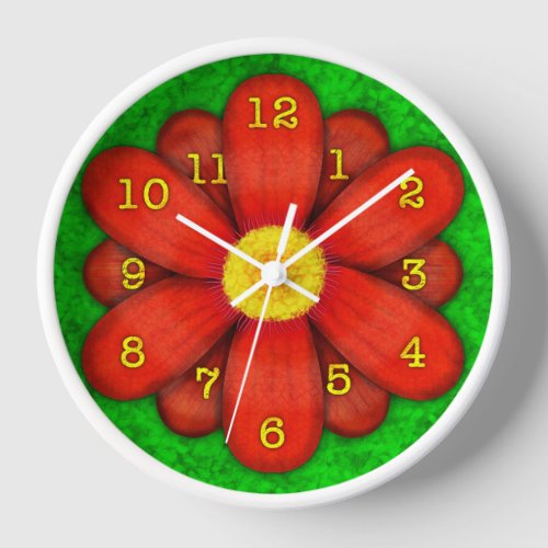 Red Daisy Flower on Green Beautiful Wall Clock