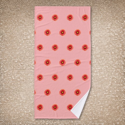 Red Daisy Flower Seamless Pattern on Bath Towel