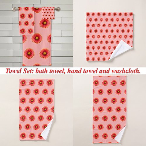 Red Daisy Flower Seamless Pattern on Bath Towel Set