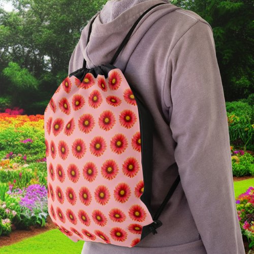 Red Daisy Flower Seamless Pattern on Drawstring Bag