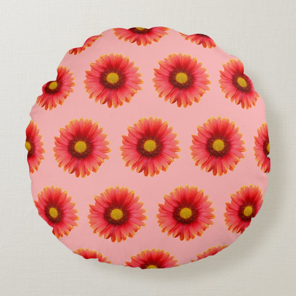 Disover Red Daisy Flower Seamless Pattern on Round Pillow