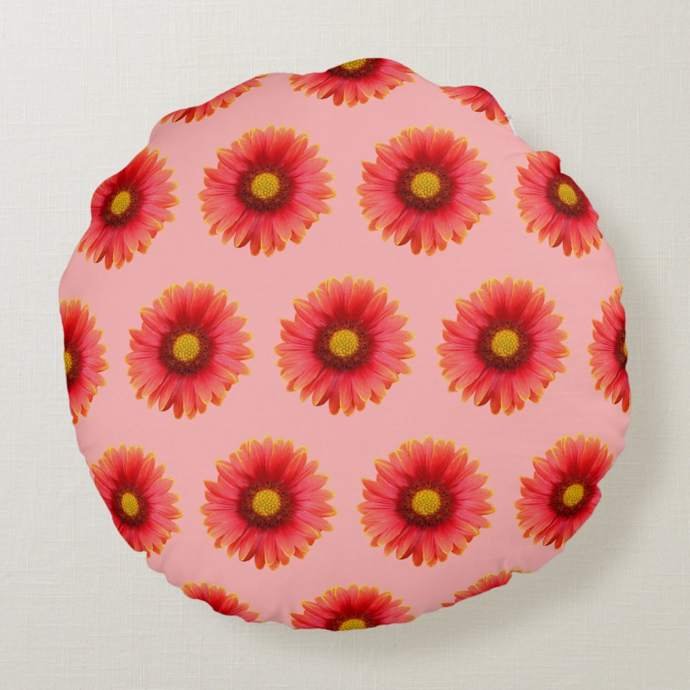 Disover Red Daisy Flower Seamless Pattern on Round Pillow
