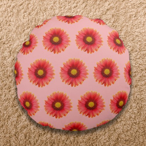 Red Daisy Flower Seamless Pattern on Round Pillow