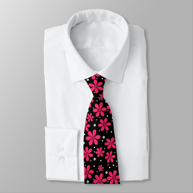 Red daisy flowers retro background summer neck tie (Tied)