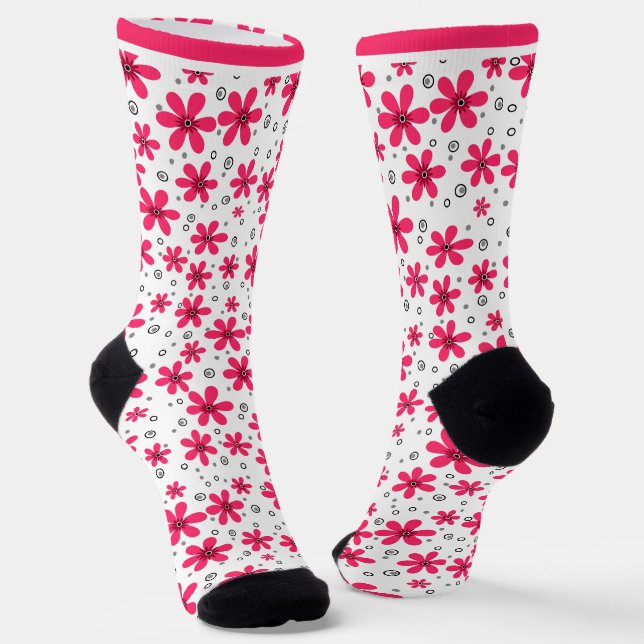 Red daisy flowers retro background summer socks (Angled)